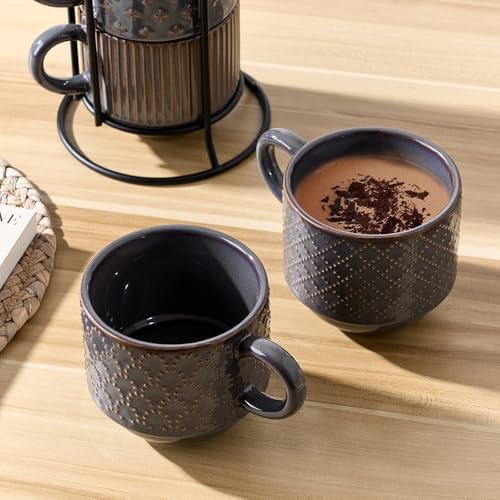 JIEMEI HOME Large Ceramic Coffee Mug Set of 4 with Stand, 15 Oz Stackable Embossment Ribbed Latte Cup Set for Cappuccino, Latte, Tea, Hot Cocoa, Drinks - Dishwasher & Microwave Safe, Dark Purple - Image 6