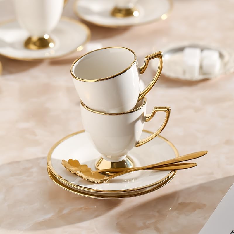 Ceramic coffee cups and saucers, 6 cups 6 saucers 6 spoons, 18 pieces 3 ounce gold rim cup sets, teacup tea set sets, suitable for cappuccino, latte, mocha (Modern) - Image 6