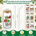 6 Pcs Christmas Glass Cups with Lids and Straws Snowman Christmas Tree Gnome Blessed Tumbler 16 oz Xmas Reusable Can Shaped Drinking Glasses Bulk for Winter Gifts Party Supplies - Image 2