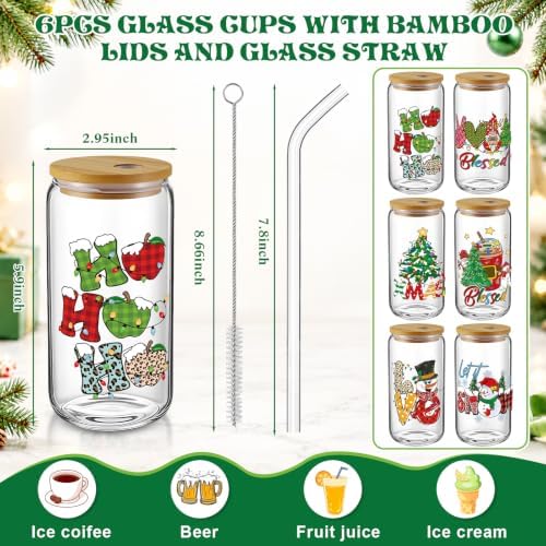 6 Pcs Christmas Glass Cups with Lids and Straws Snowman Christmas Tree Gnome Blessed Tumbler 16 oz Xmas Reusable Can Shaped Drinking Glasses Bulk for Winter Gifts Party Supplies - Image 2