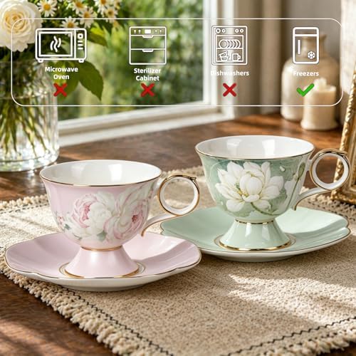 KAMMAK Tea Cups Set of 2,Ceramic Floral Pattern Demitasse Cup - Image 7