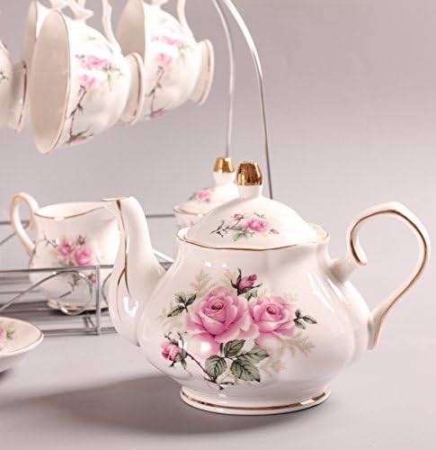 15 Piece European China Coffee Cup Set, Ceramic Porcelain Tea Cup Set with Metal Holder, Tea Gift Sets, Pink Camellia Painting … - Image 4