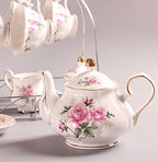 15 Piece European China Coffee Cup Set, Ceramic Porcelain Tea Cup Set with Metal Holder, Tea Gift Sets, Pink Camellia Painting … - Image 4