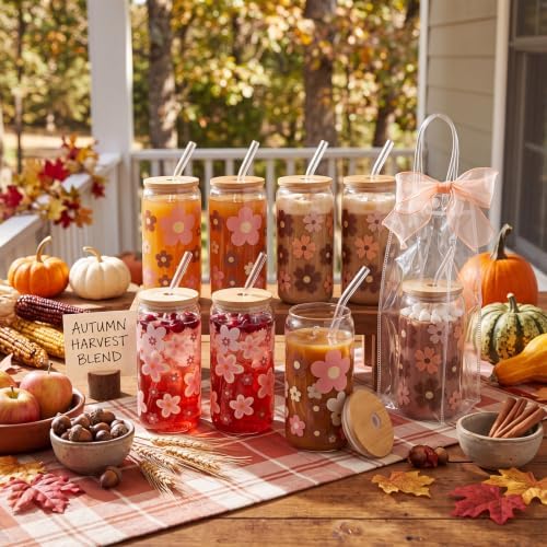 Mumufy 16 Sets Boho Daisy Cute Glass Cups Bulk with Lids and Straws 16 O - Image 3