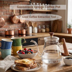 Pour Over Kettle, 350ml Glass Gooseneck Kettle, High Borosilicate Coffee and Tea Pot with Stable Effluent, Round Wood Handle, Fully Extract Coffee Tool - Image 4
