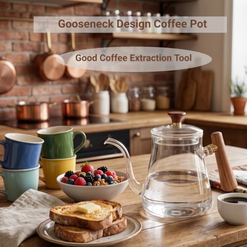 Pour Over Kettle, 350ml Glass Gooseneck Kettle, High Borosilicate Coffee and Tea Pot with Stable Effluent, Round Wood Handle, Fully Extract Coffee Tool - Image 4