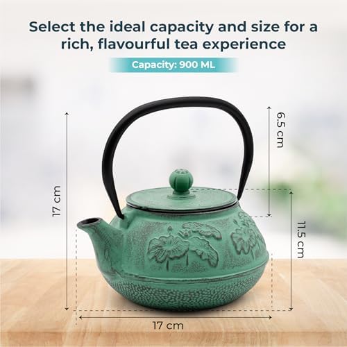 Zen Minded Traditional Japanese Cast Iron Tetsubin Stovetop Teakettle Teapot with Stainless-steel Mesh Loose-leaf Filter for Green Tea & Infusions 900ml Lotus Pattern - Emerald Green - Image 7