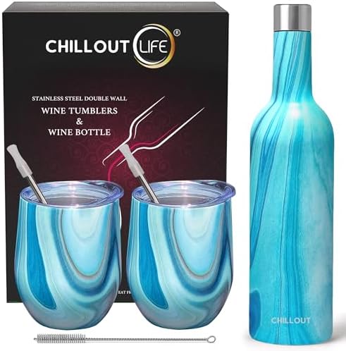 CHILLOUT LIFE 12 oz Stainless Steel Wine Tumblers 2 Pack & 1 Insulated Wine Bottle - Double Wall Vacuum Insulated Wine Glasses Cups with Lids and Straws Set Keeping Cold & Hot Gift Set by CHILLOUTLIFE
