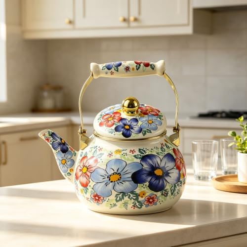 Floral Enamel Tea Kettle 2.5L Vintage Stovetop Teapot for Hot Water Tea - Image 7