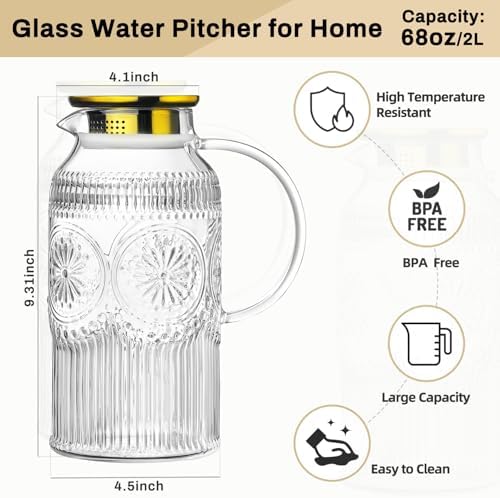Buaic 2 PACK Glass Pitcher with Lid, 68 oz Vintage Water Carafe for Fridge - Image 2