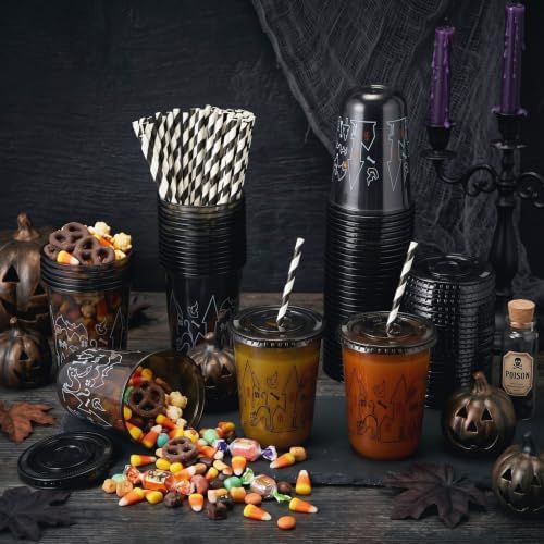 LemonRoad 50 Pack 16 oz Halloween Black Plastic Cups with Lids & Straws, Spooky Castle & Bat Print, Disposable Party Tumblers for Iced Coffee, Smoothies, Juice, Pet Drinks, Birthdays & Gatherings - Image 3