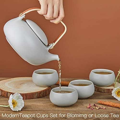 ZENS Japanese Teapot Set with 4 Cups, 27oz Minimalist Ceramic Infuser Pot - Image 4