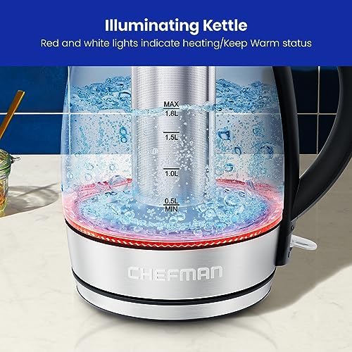 Chefman Glass Electric Kettle for Boiling Water, 1.8L 1500W, with Tea Infuser, Keep Warm Function, Auto Shut Off, Boil-Dry Protection, BPA Free, Hot Water Boiler, Electric Tea Kettle - Stainless Steel (Renewed) - Image 6