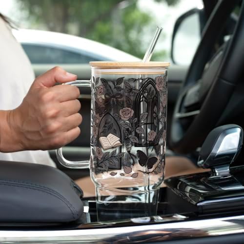 Sip-Sip Hooray! Dark Academia 40oz Glass Tumbler with Lid and Straw, Bookish Gothic Roses Books Gift for Book Lovers, Reader Iced Coffee Cup - Image 5