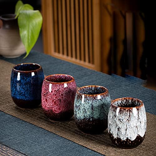 (Set of 4) Four Seasons Kiln Glazed Pottery Teacup Set Ochoko Sake Cup Japanese Chinese Asian Ceramic Porcelain in a Gift Package - Image 3