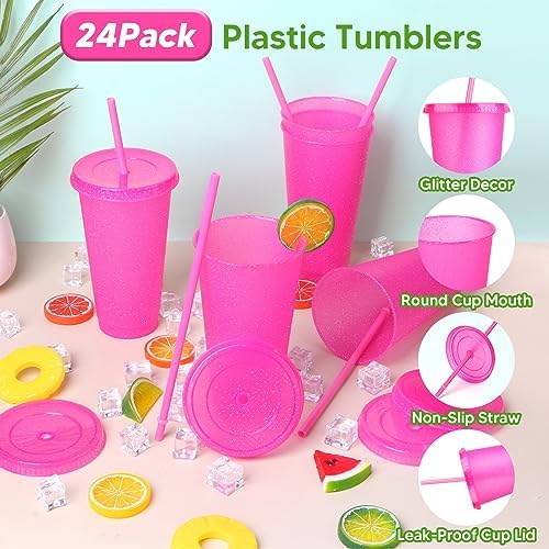 24 Pack Plastic Tumblers with Lids and Straw, Reusable Cups with Lids and Straws Colorful Cups for Cold Drink Iced Coffee, Plastic Tumbler Bulk for Party Birthday Gifts (24 oz, Pink) - Image 3