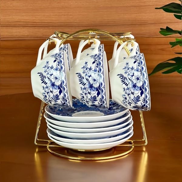 Blue and White Porcelain Coffee Cup and Saucer Set by Unknown