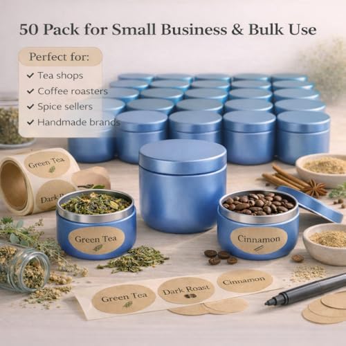 50 Pack 2 oz Round Tea Sample Tins with Lids, Odor-Resistant Tinplate Small Batch Storage Containers, Three Colors Available, for Tea, Coffee, Spices, Herbs (Matte Steel Blue) - Image 4