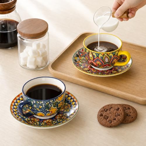 Henten Home 8.5 oz Ceramic Cappuccino Cups, Latte Cup with Saucers Set of 2 - Image 3