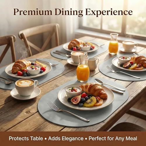 Premium Oval Faux Leather Placemat & Coaster Set with Innovative Cork-Look Printed Base，4/6/8-Piece Sets & 8 Colors，Non-Slip Dining Table Mats for Kitchen Dining - Image 5