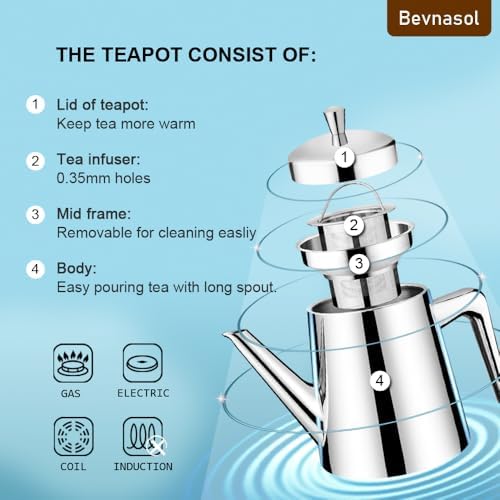 304 Stainless Steel Teapot Long Strain Large Capacity Teapot with Infuser and Removable Filter for Home Restaurant Office Dinnerware Accessories Drinkware Item (1500ml) - Image 3