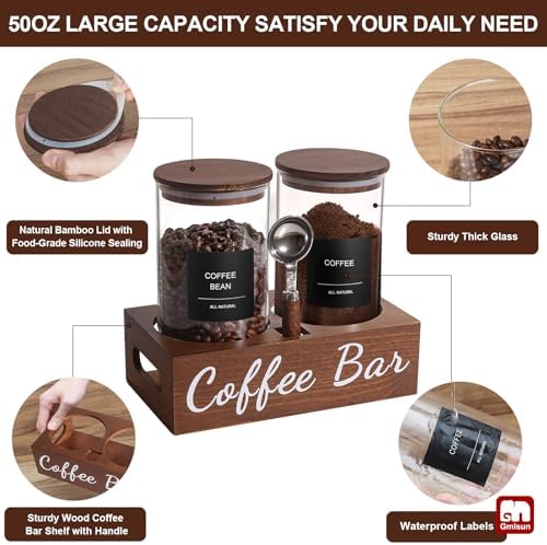 gmisun Coffee Canister, 2 Pack 50 Fl oz Glass Canisters with Airtight Lids, Coffee Grounds Storage Container Jars with Scoop/Shelf/Labels, Sugar/Tea Storage Holder Containers for Cafe Bar/Station - Image 6