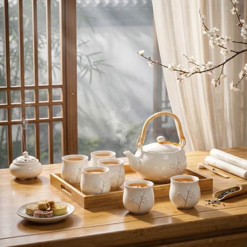 Layhit Japanese Asian Tea Set for Adults with 1 Teapot 6 Cups 1 Tray, 20 oz Traditional Portable Japanese Kiln Altered Glaze Porcelain Tea Set for Women Mother's Day Gifts(White, Plum) - Image 4
