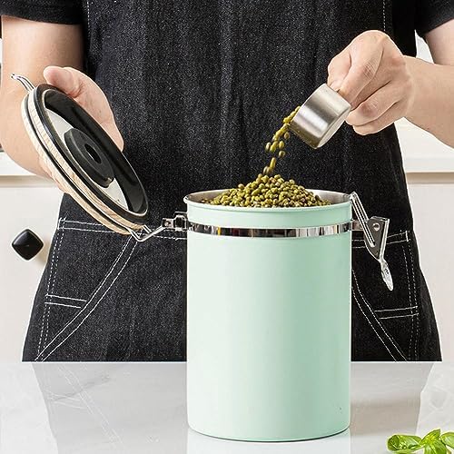 Stainless Steel Airtight Jar Container with Calendar Setting, Storage Canister Wooden Lid With Scoop For Coffee Beans Tea Nuts Pasta 1.8L (Green) - Image 2
