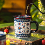 Ceramic Latte Mug Set of 4, 15.5oz Hand Painted Porcelain Coffee Cups With Handle for Tea/Milk/Cocoa - Modern Retro Design For Any Kitchen. Microwave and Dishwash Safe (Assorted Colors) - Image 4