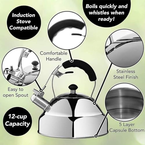 Tea kettle, Whistling Tea Kettle Stovetop 2.6L Stainless Steel Capsule Bottom Design - Image 4
