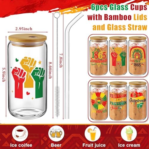 6 Pcs Juneteenth Glass Cups Celebrate Freedom Party Favors Gifts Tumbler with Lids and Straws Bulk 16 oz Reusable Can Shaped Drinking Glasses for Juneteenth Party Supplies - Image 2