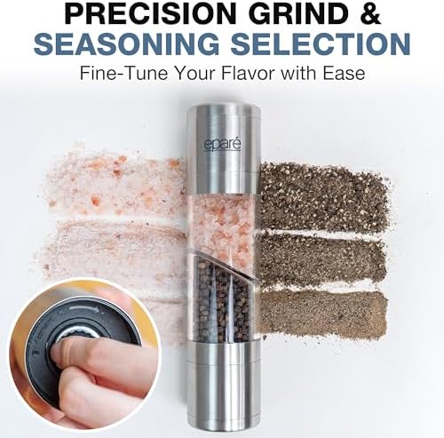 Eparé Bundle: Salt or Pepper Grinder & 2 in 1 Salt & Pepper Grinder - Battery Operated Ceramic Burr Peppermill & Space Saver Dual Mill Grinders - Image 5