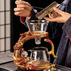 Glass Teapot Set with Infuser Semi Automatic Dragon Tea Set (Red golden teapot) - Image 3