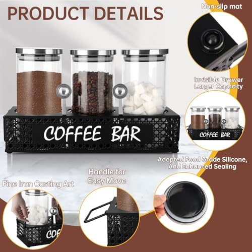 Glass Coffee Containers with Shelf 3x 47oz Coffee Station Organizer Glass Coffee Bean Storage with Spoon Coffee Canister Set Jars for Coffee Bean Ground Nuts - Image 2