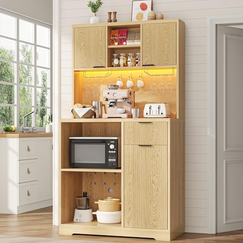 kepptory 72" Tall Bar Cabinet with Mini Fridge Space, Fluted Coffee Liquor Hutch Cabinet with Storage, Tall Home Bar with LED Light & Power Outlet for Kitchen Dining Room or Living, Natural by kepptory