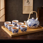 Layhit Japanese Tea Set for Adults, 25.3oz Ceramic Teapot with 6 Cups & Wooden Tray, Traditional Kiln Altered Glaze Asian Chinese Tea Set Gift Box for Father's Day & Housewarming (Blue) by ShungLan