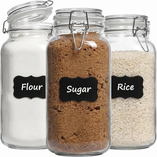 78oz Large Square Airtight Glass Jars with Lids, Wide Mouth Food Storage Canisters, Hold 4lb Sugar or 5lb Rice, Heavy Duty Pantry Containers for Flour, Coffee, Bulk Storage by Snaiio