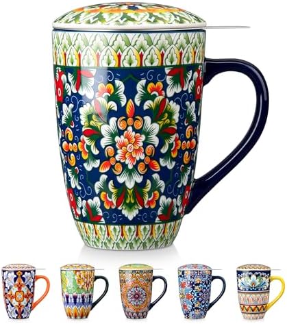 vancasso Ceramic Tea Mug with Infuser and Lid, 18 Ounce Bohemian Loose Leaf Cup, Microwave & Dishwasher Safe, Perfect for Tea, Coffee, Sage-Scarlet Floral by vancasso