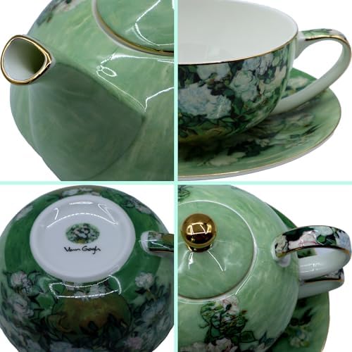 Porcelain 13 OZ Tea for One Teapot and Cup Set Vintage Floral Ceramic Tea Set European Style Tea pot and Saucer Set (White Roses) - Image 3