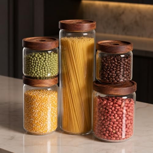 5 Piece Kitchen Canister Set, Airtight Lid Food Storage Jars for Coffee Beans, Flour, Sugar, Rice, Spaghetti - Image 5