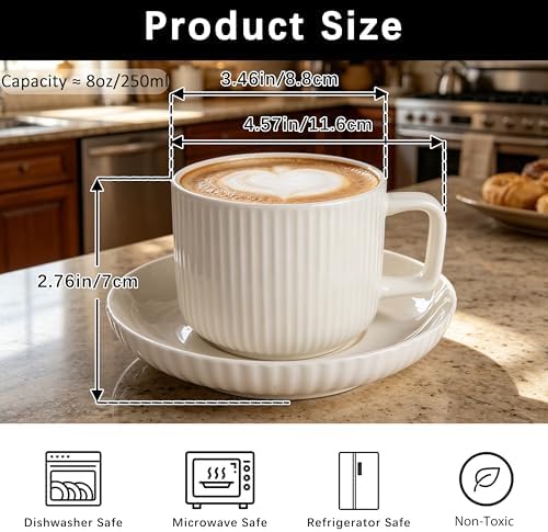 8oz Cappuccino Cups With Saucers - Set Of 4 Latte Mugs With Saucers - White Cream Ceramic Coffee Mugs For Latte, Au Lait, Flat White, Mocha, Tea, Embossed Coffee Cups - Image 3