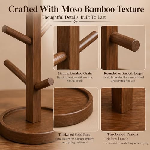 Sturdy Bamboo Mug Tree with Drip Tray, 4 Arm Rotating Cup Holder for Espresso & Cappuccino Cups, Compact Organizer for Home or Office, 11in - Image 4