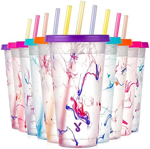 Meoky Color Changing Cold Cups with Lids and Straws - 10 Pack 24 oz Plastic Cute Tumblers Bulk, Reusable for Kids Women Party, Iced Coffee(Swirl) by MEOKY