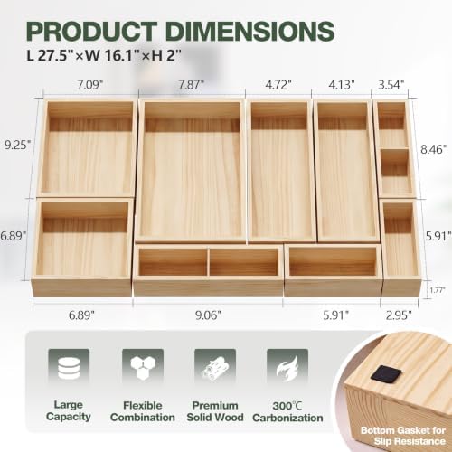 9-Pack Solid Wood Junk Drawer Organizer, Modular Desk Drawer Tray & Accessories with Non-Slip Pad, Multi-Use for Kitchen, Office, Bedroom Dresser, Utensil, Makeup, Stationery, Tea Bags & Coffee Pod - Image 4