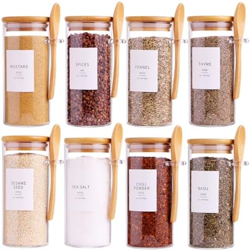 8 Pcs Glass Containers with Bamboo Lids and Spoons - 10 oz Sugar Container with 148 Kitchen Pantry Spice Jar Labels Preprinted - Glass Spice Jars with Wooden Lids Hold Coffee, Tea, Candy, Herbs by HHMJSM