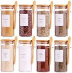 8 Pcs Glass Containers with Bamboo Lids and Spoons - 10 oz Sugar Container with 148 Kitchen Pantry Spice Jar Labels Preprinted - Glass Spice Jars with Wooden Lids Hold Coffee, Tea, Candy, Herbs by HHMJSM