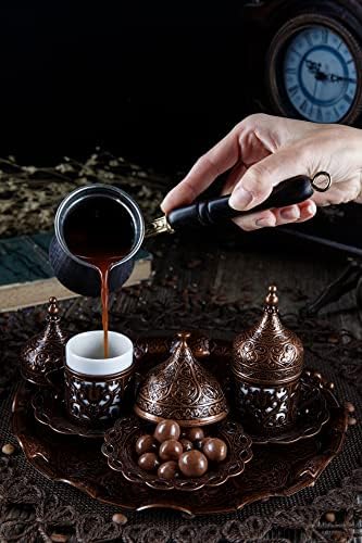 DEMMEX Turkish Greek Arabic Coffee Making and Serving Full Set with Cups Saucers Lids Sugar Bowl Tray and Copper Coffee Pot, 12 Pcs - Image 4