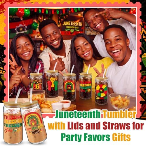 6 Pcs Juneteenth Glass Cups Celebrate Freedom Party Favors Gifts Tumbler with Lids and Straws Bulk 16 oz Reusable Can Shaped Drinking Glasses for Juneteenth Party Supplies - Image 5