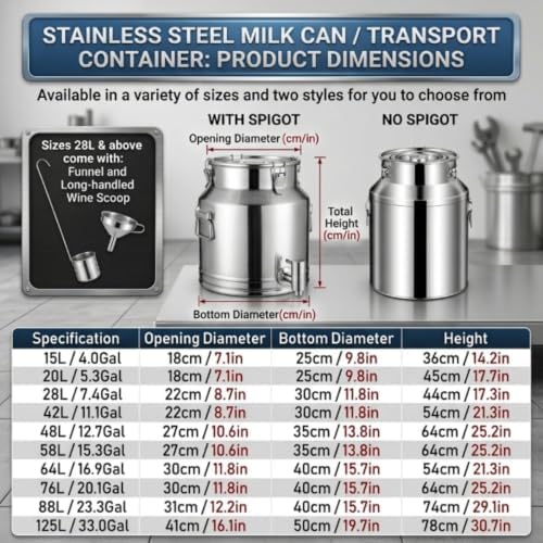 5-125L Milk Can Bucket, 304 Stainless Steel Water Dispenser with Spigot - Image 6