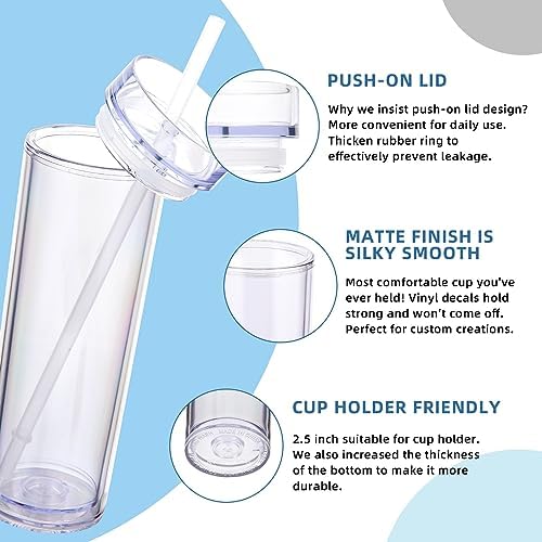 Volhoply 16oz Plastic Skinny Tumbler with Lid and Straw Bulk 10 Pack,Insulated Double Wall BPA Free Matte Acrylic Tumblers,Iced Coffee Travel Reusable Party Cup,Customizable Diy Gifts(Clear,10 Set) - Image 4